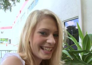 Blonde has a wide smile on her prospect as she sucks a big pole