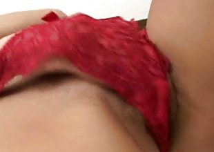 Asian seductress in red lingerie toy fucks